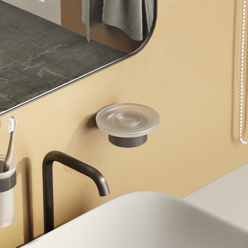 product lifestyle image of Origins Living Pirenei Gunmetal Soap Dish mounted on a wall in front of a basin PI11-81